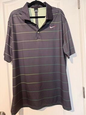 Nike Men’s Charcoal Polo with Mint Stripe and Pink Swoosh